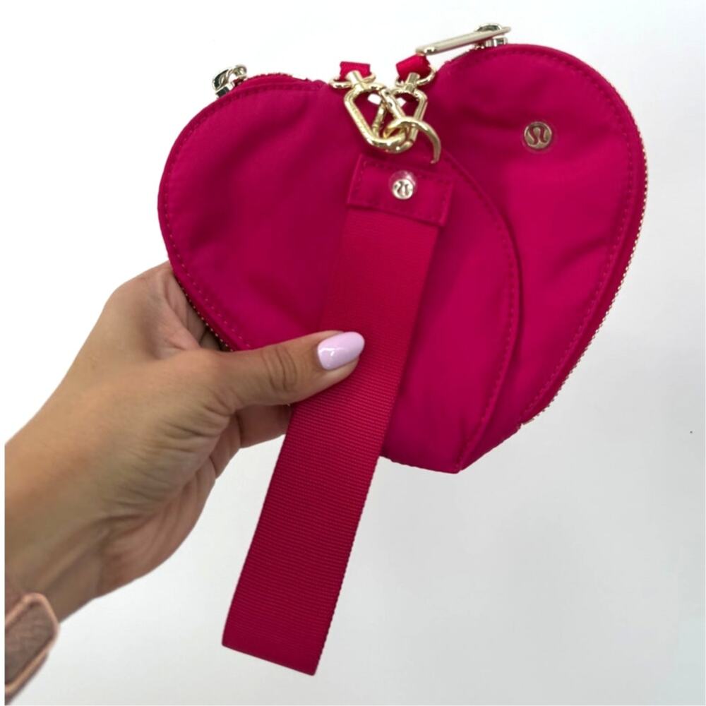 Lululemon Dual Heart Wristlet in Passionate Pink Gold Change Purse Keychain